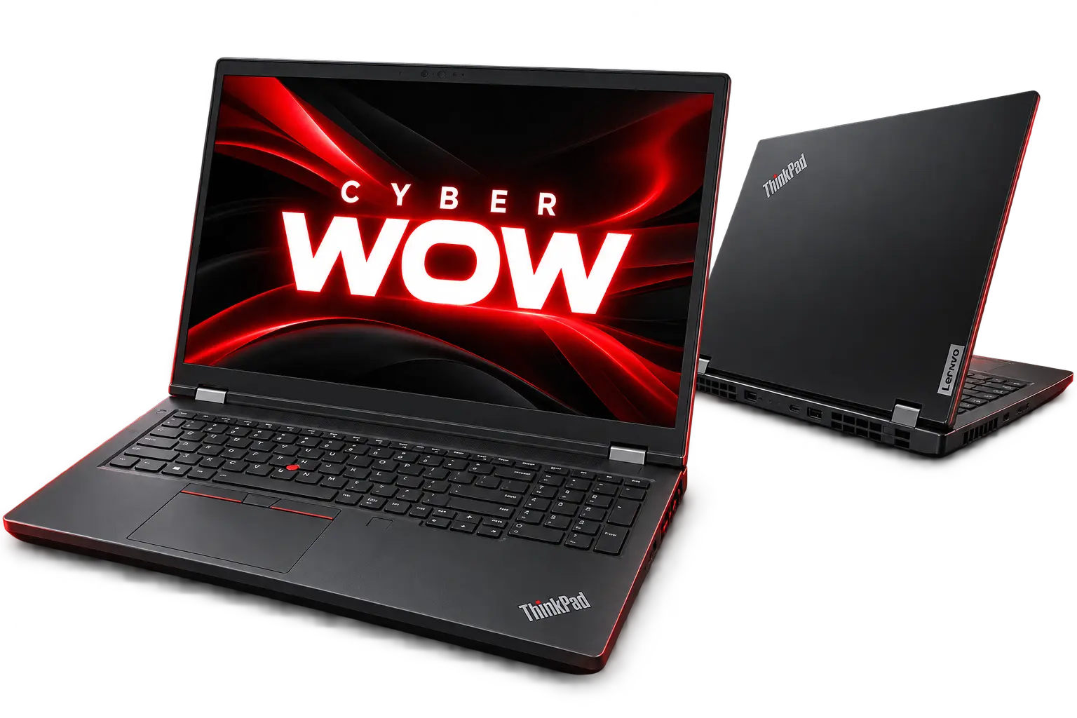 ThinkPad en vistas frontal y posterior con Cyber WOW en pantalla